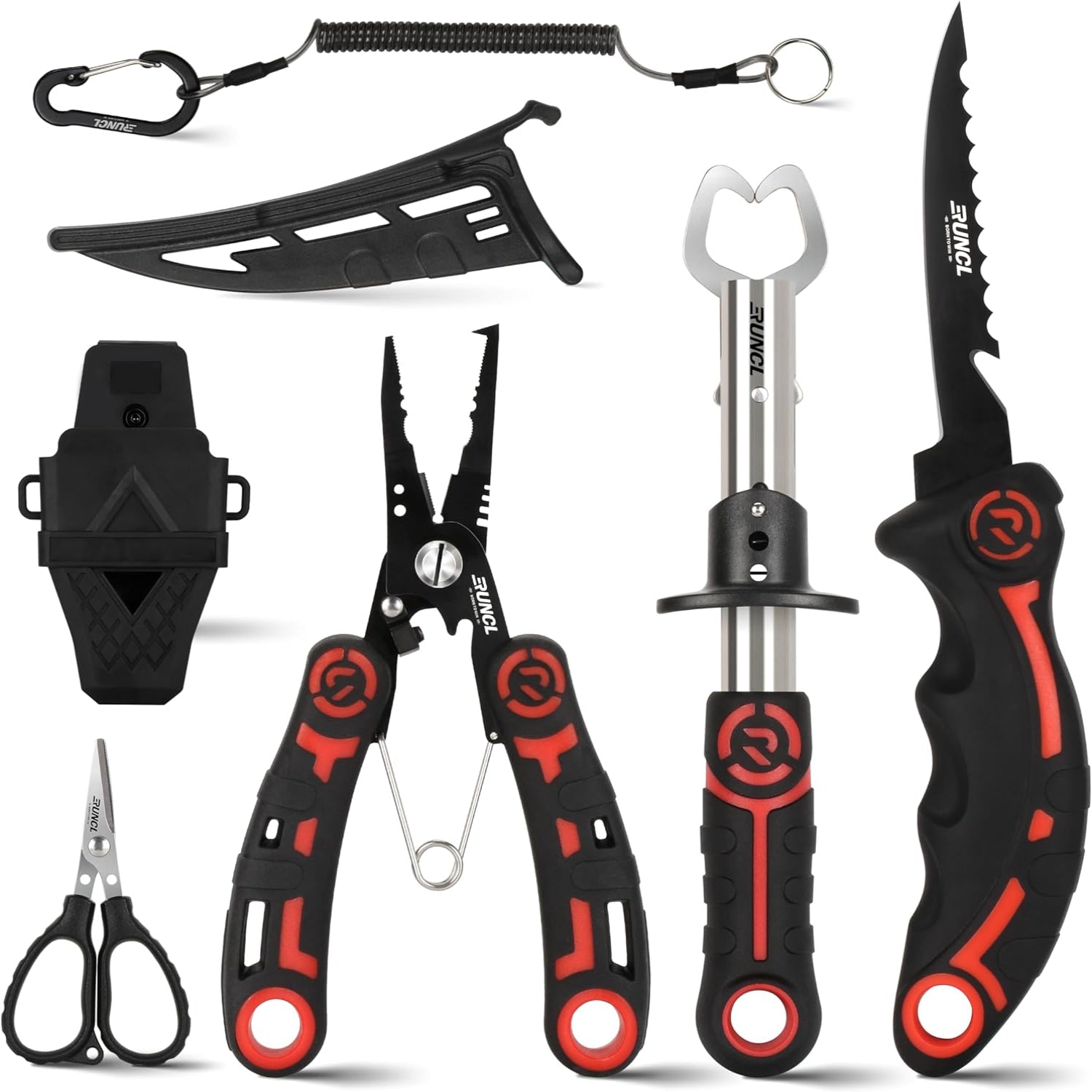 PROBITE RUNCL 4-piece fishing tool kit with fishing pliers, fish fillet knife with sharpener, and fish lip gripper on white background.
