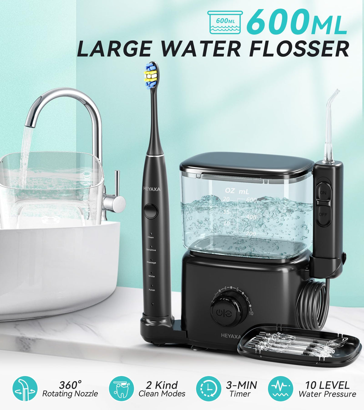 Professional Water Flosser Electric Toothbrush Combo 600ML - HEYAXA Official Imagery - 4