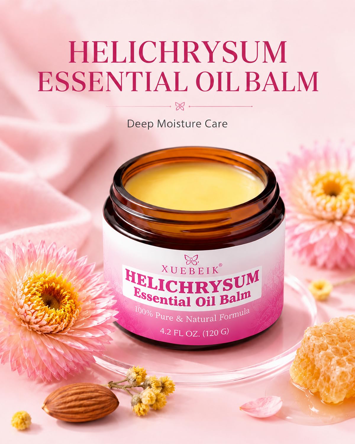 XUEBEIK Helichrysum Balm 120g natural skin repair salve in a jar, designed for moisturizing and soothing skin.