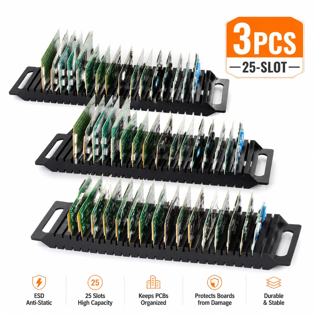 Hemoton ESD PCB holder rack with 25 slots, professional circuit board storage organizer for electronic components and circuit boards.