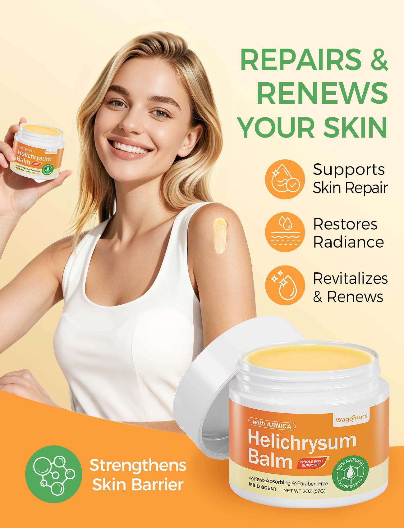 Wagomars Helichrysum Balm for natural skin repair and renewal, shown in a jar with fresh herbal ingredients.