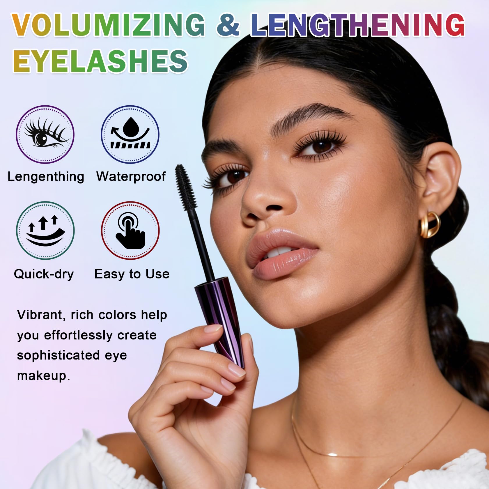 Blue waterproof mascara by Rosawee with 5D volume and length, showing curled, vibrant blue lashes on the eye.