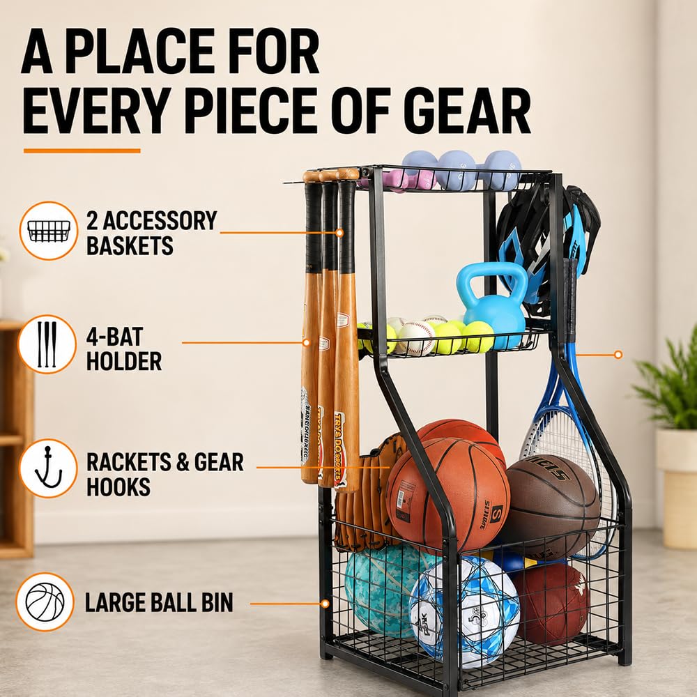 YueTong Garage Sports Organizer with Ball Rack Bat Holder - YueTong Official Imagery - 5