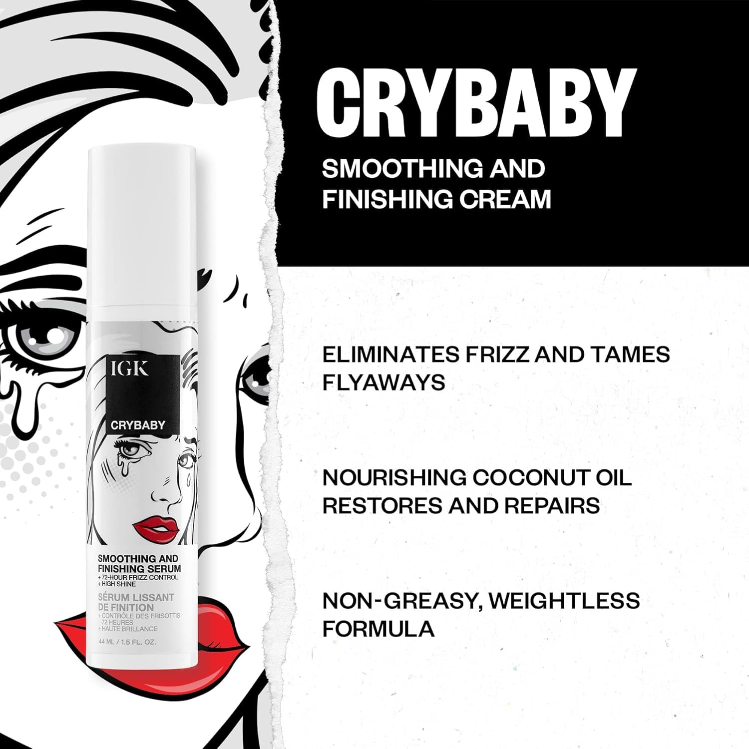 Elefair IGK Crybaby Smoothing & Finishing Serum bottle with high shine and frizz control for smooth, glossy hair.