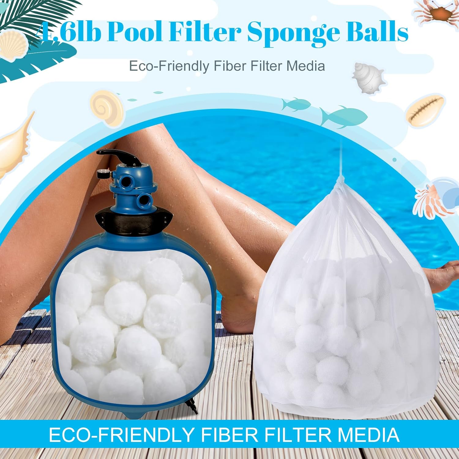 Zubebe 4.6 lbs pool filter media balls for swimming pool sand filters, showing 71 filter media balls in a clear container.