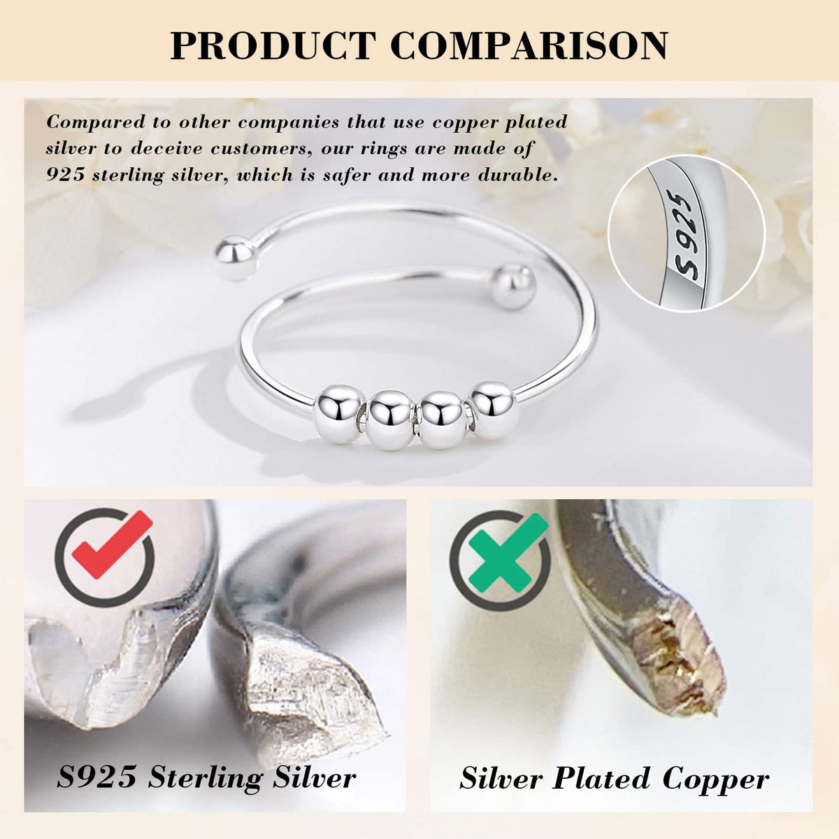 Vito 925 Sterling Silver Fidget Anxiety Open Ring for Women - Vito Official Imagery - 8