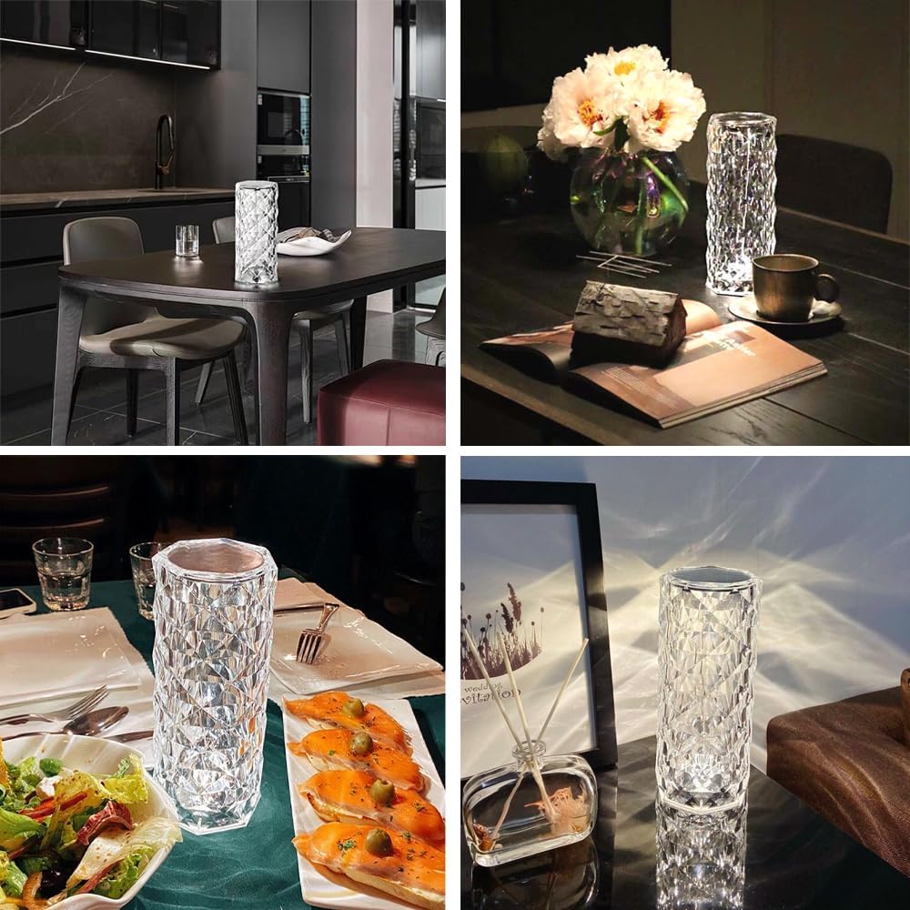 Leroxo portable crystal table lamp with touch control, rechargeable design, featuring three adjustable color options and a sleek crystal finish.