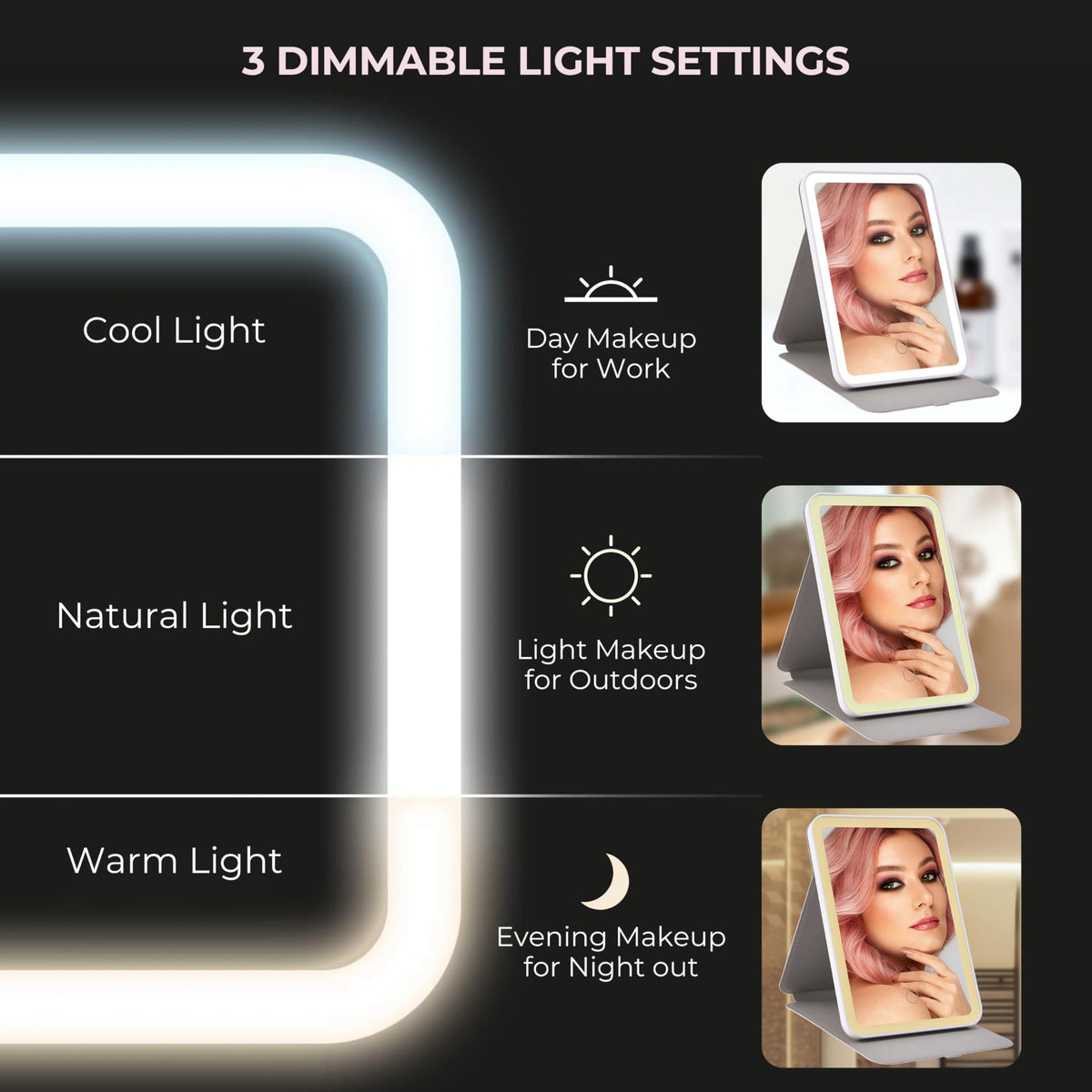 ZEVGANI Travel Lighted Makeup Mirror 3 Color Dimmable LED - ZEVGANI Official Imagery - 3