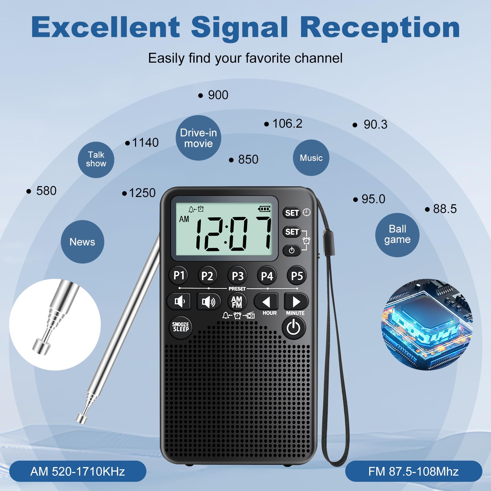 Portable AM/FM Radio | Alarm Clock, Sleep Timer & LCD