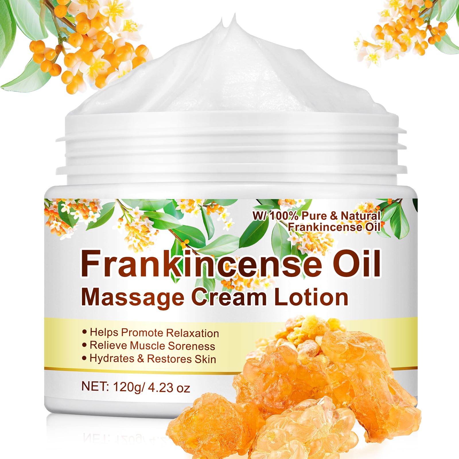 Cream jar labeled Frankincense Balm, a skin moisturizer for anti-aging, muscle relief, and dry skin care by Generic.