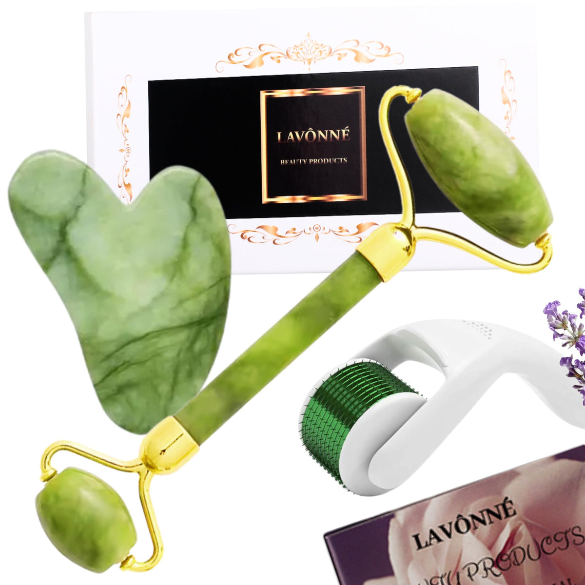 100 Authentic Jade Roller and Gua Sha Set for face I Derma - LAVÔNNÉ Official Imagery - 2