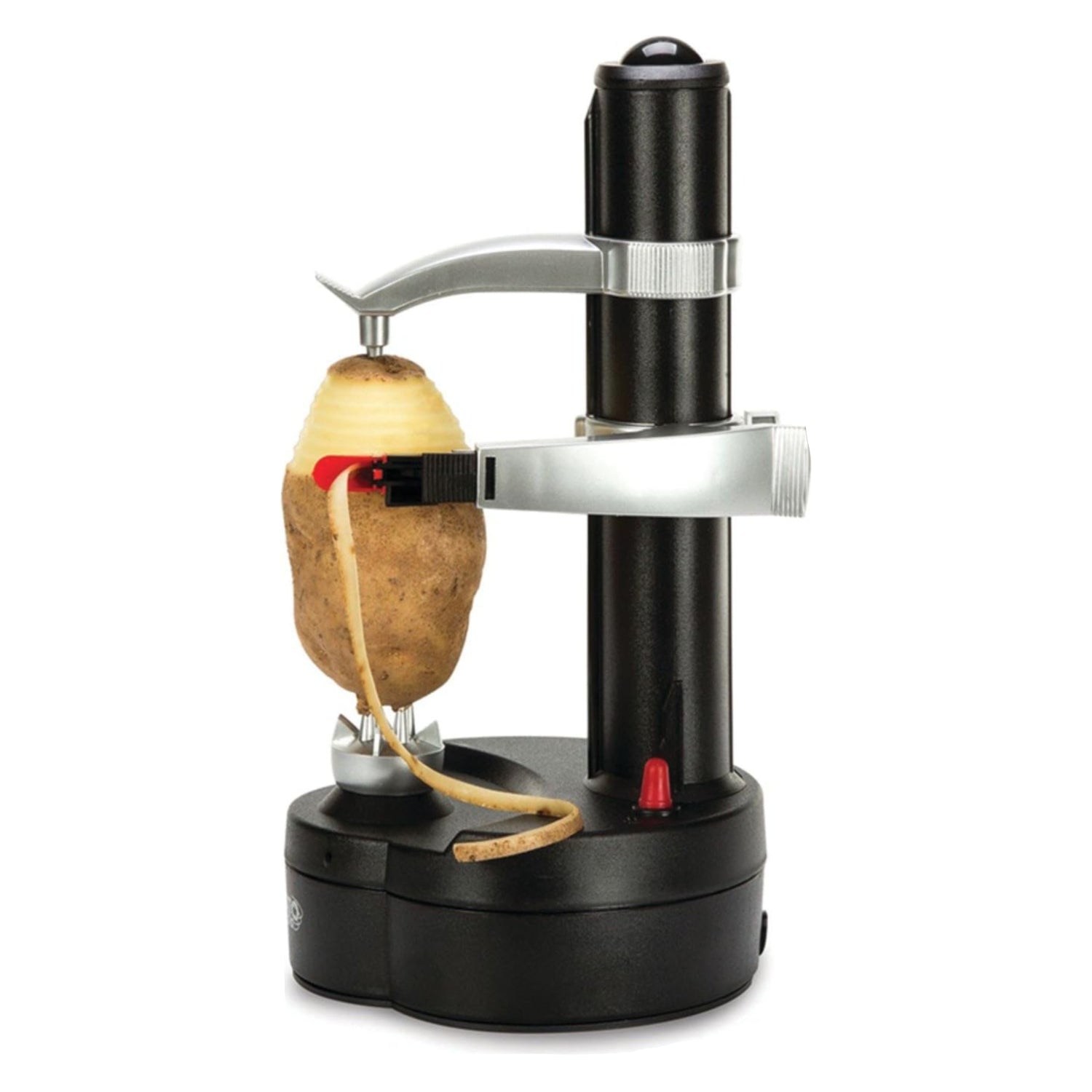 Starfrit Rotato Express electric peeler with two spare blades showing its compact design and safety features in use.
