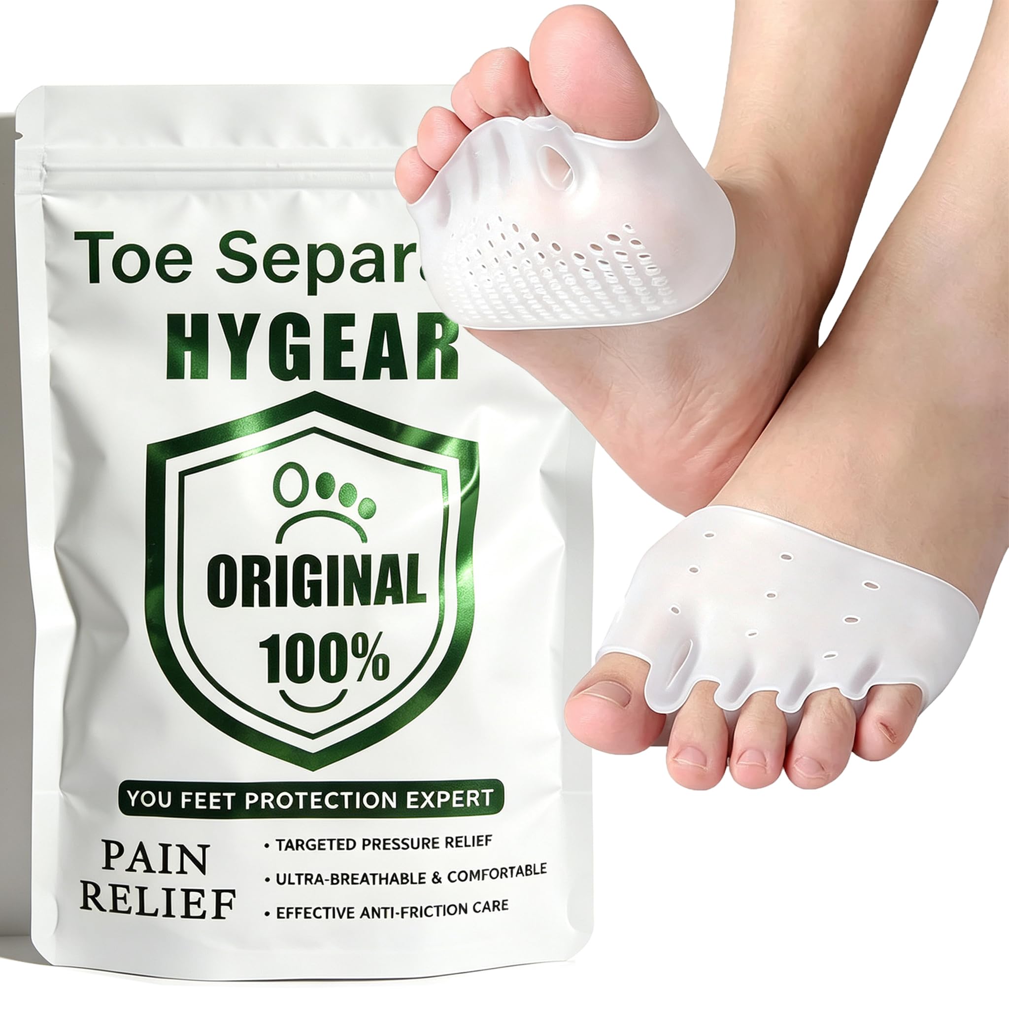 Hyggear - Hygear Silicone Toe Separators For Women & Men,Toe Spacers For Overlapping Toes, Foot Pain Relief for Bunions, Hammer Toe & Plantar Fasciitis, Comfortable & Breathable, 2-pack Original.(Pearl White)