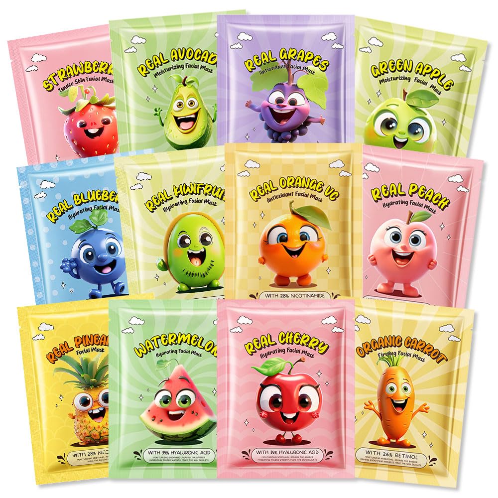10 Pack Fruit Face Masks for Kids, Kids Face Mask Spa Day Kit - Kaely