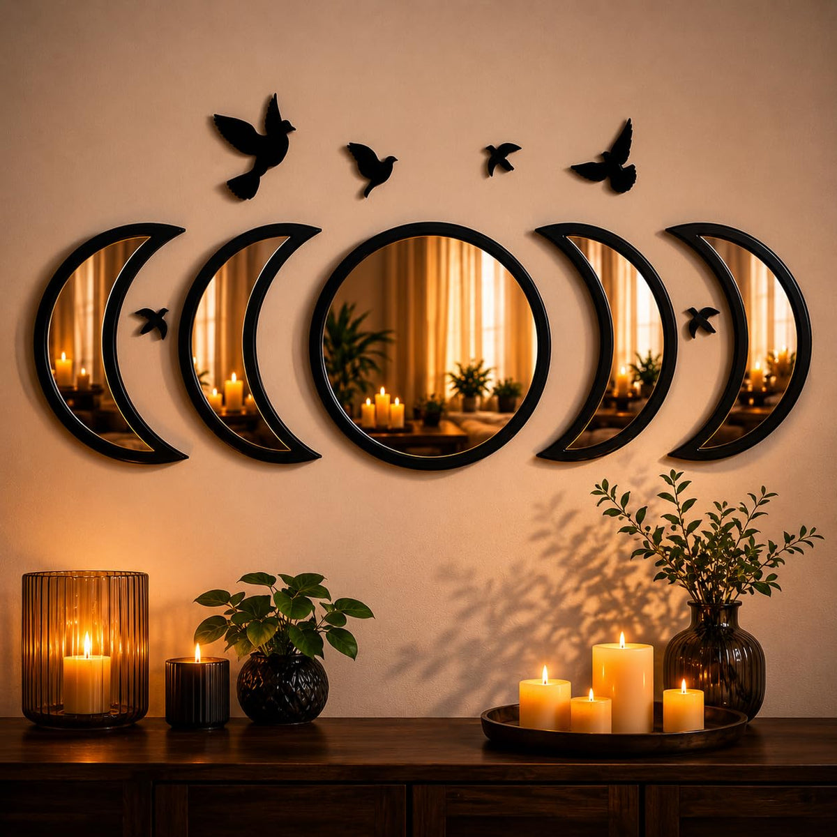 NESHE Moon Phase Mirror Wall Decor Set with Birds - NESHE Official Imagery - 5