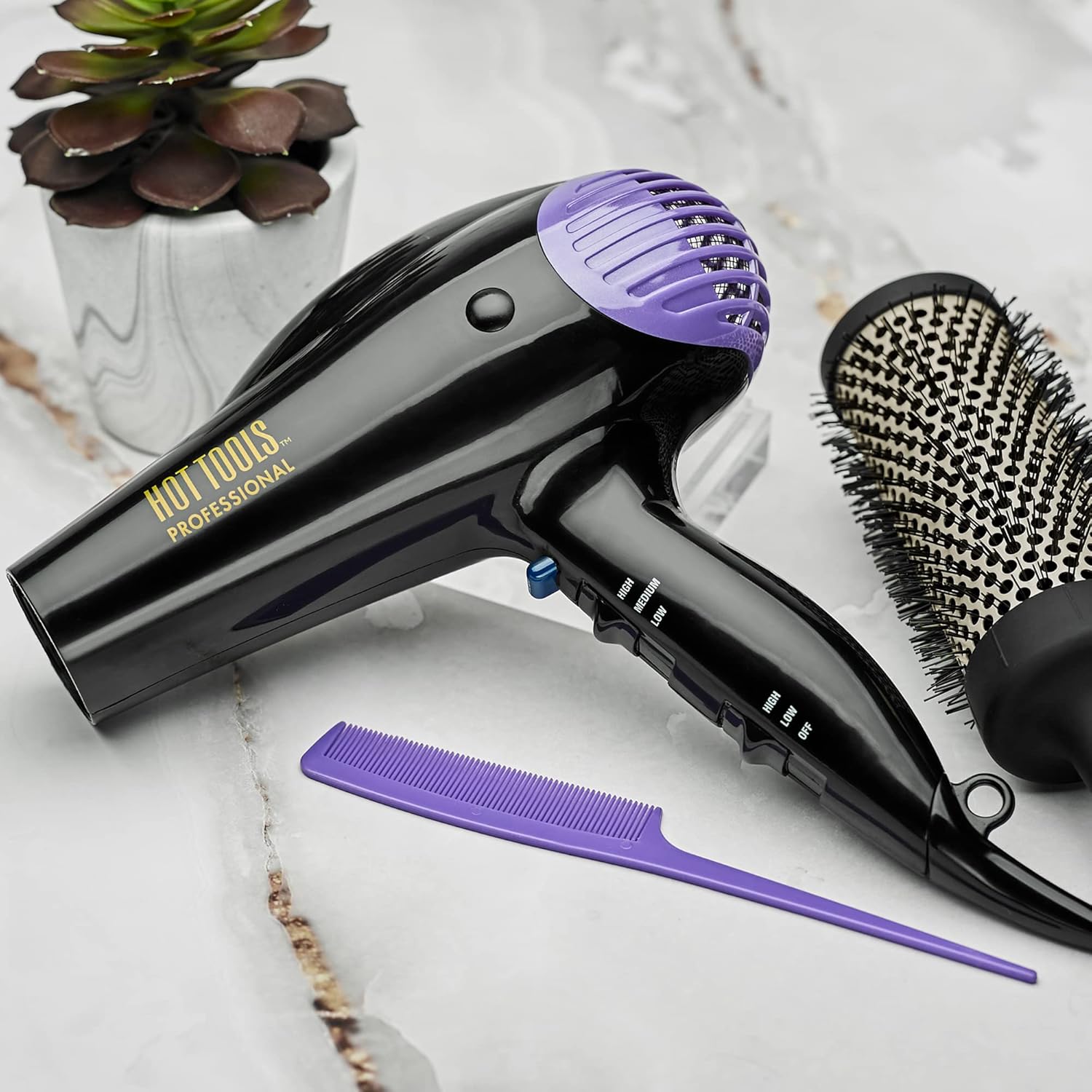 HOT TOOLS Professional 2100 Ionic Anti-Static Hair Dryer with ergonomic handle and diffusing nozzle for smooth, shiny hair.