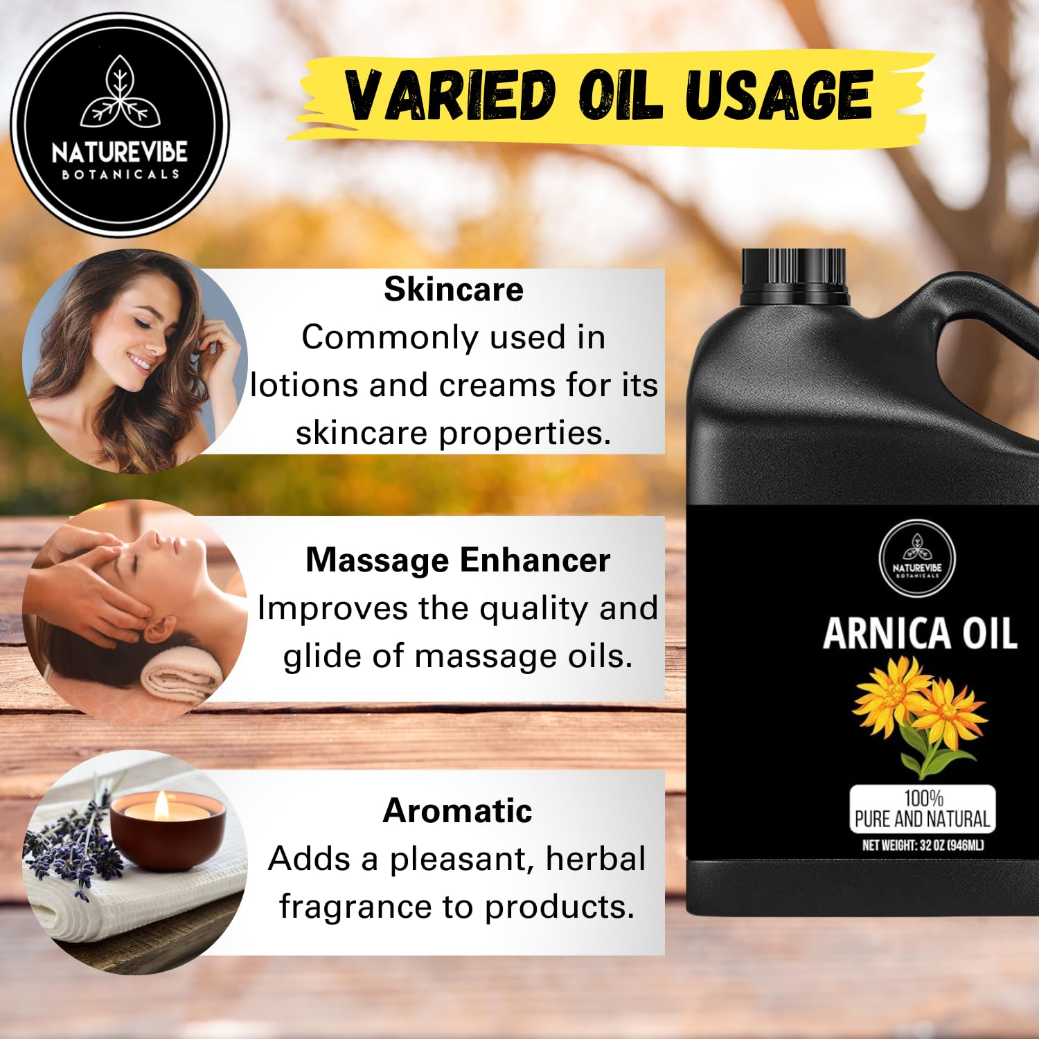 Naturevibe Botanicals Arnica Oil 32 oz, a natural skin moisturizer ideal for massage and soothing skin care.