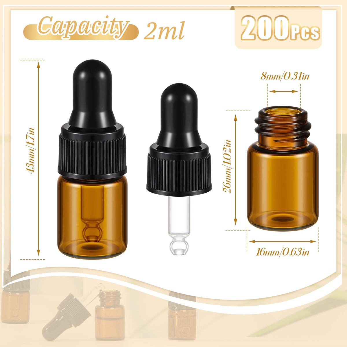 Didaey 200 Pcs Mini Glass Oil Dropper Bottle 2 ml Golden - Didaey Official Imagery - 4