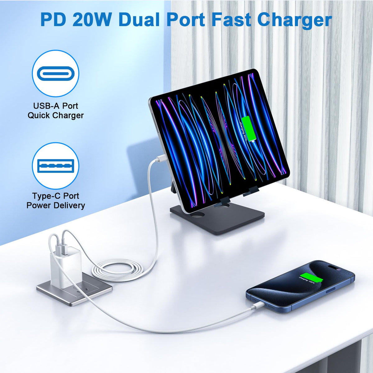 10FT iPhone 17 16e Fast Charger 2Pack 20W Dual Port USB C A - DelTucci Official Imagery - 3