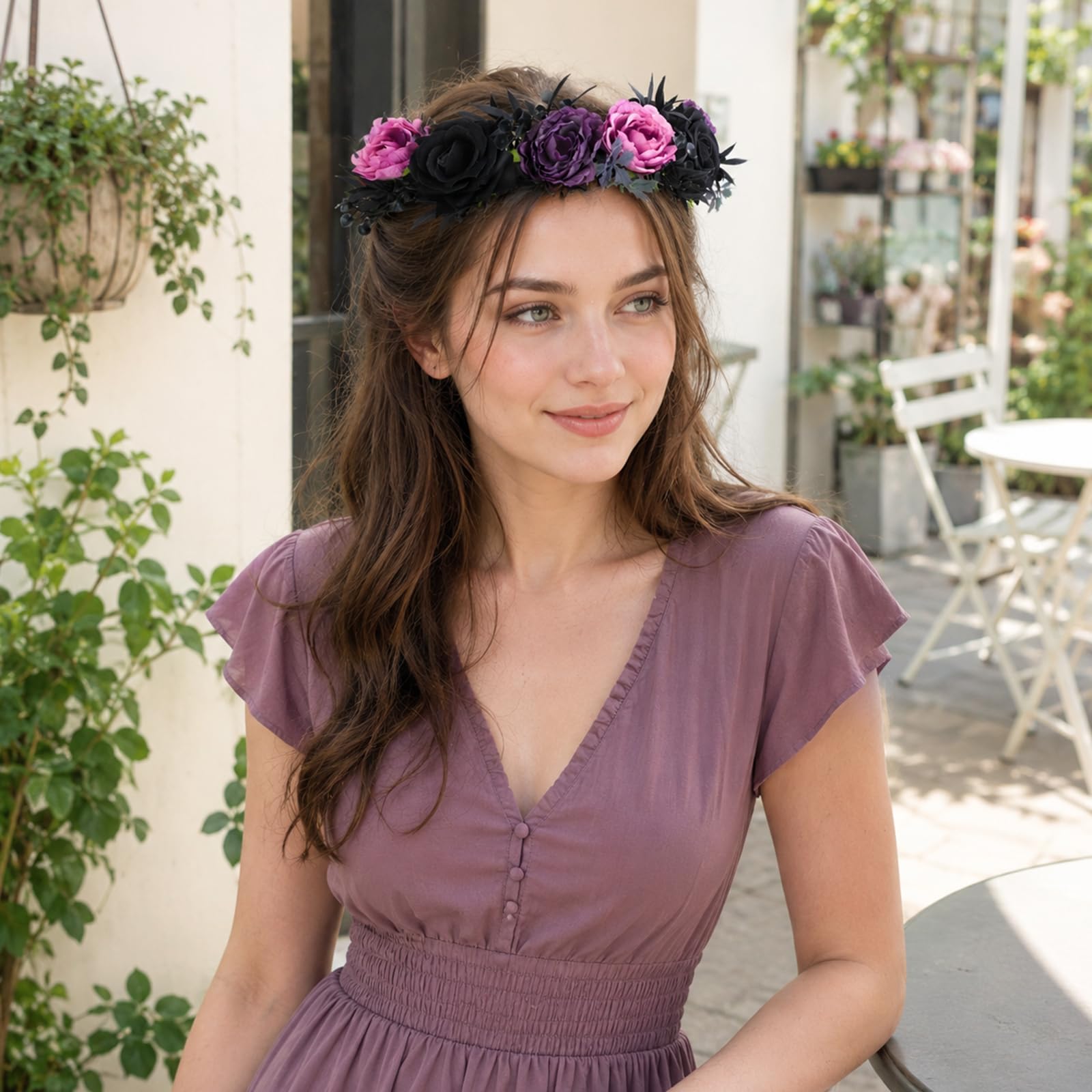 Black and purple gothic flower crown hairband with dark romantic roses and floral accents by Flagogoo