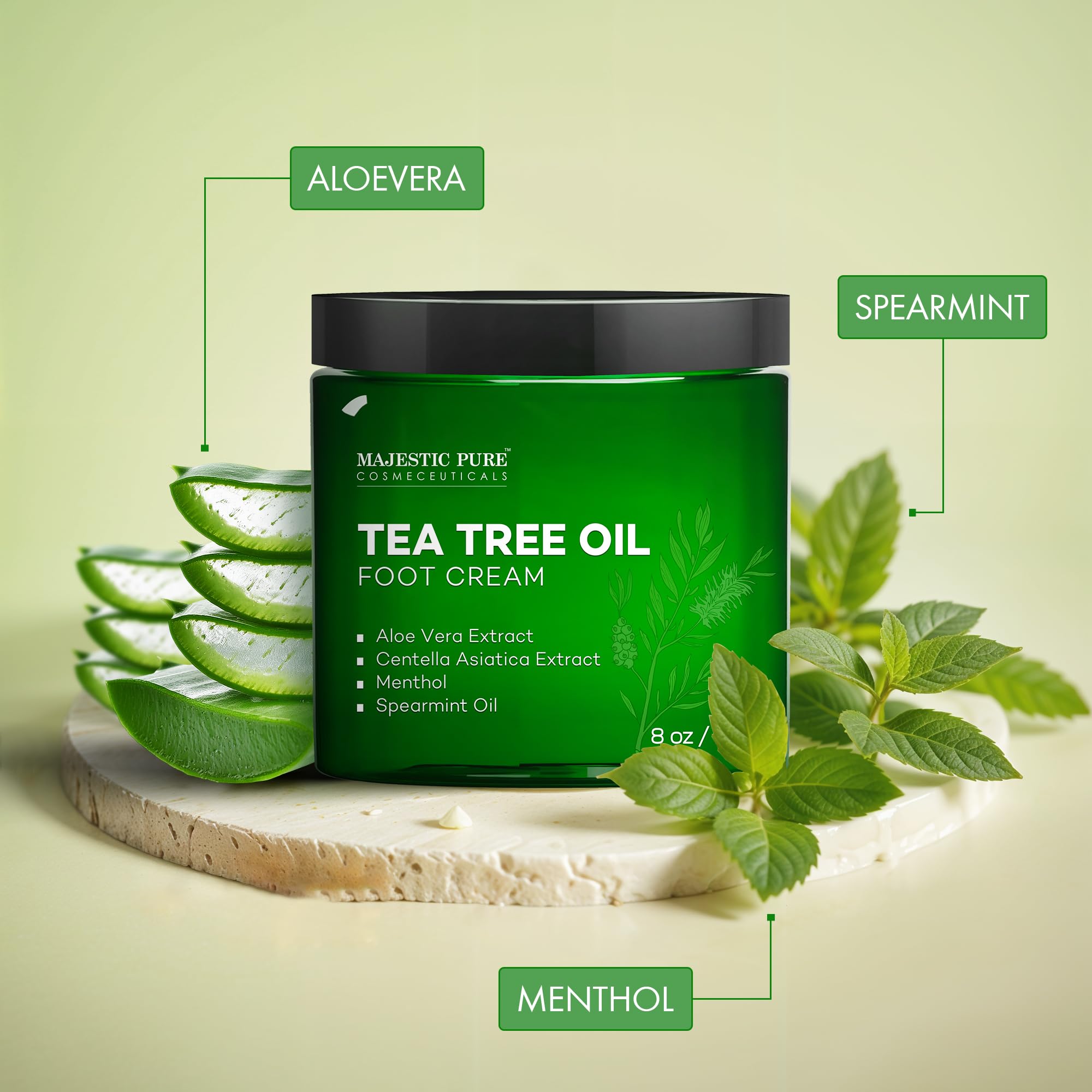 Majestic Pure Tea Tree Oil Foot Cream in 8 oz jar, soothing foot cream with tea tree oil for healthy, refreshed feet.