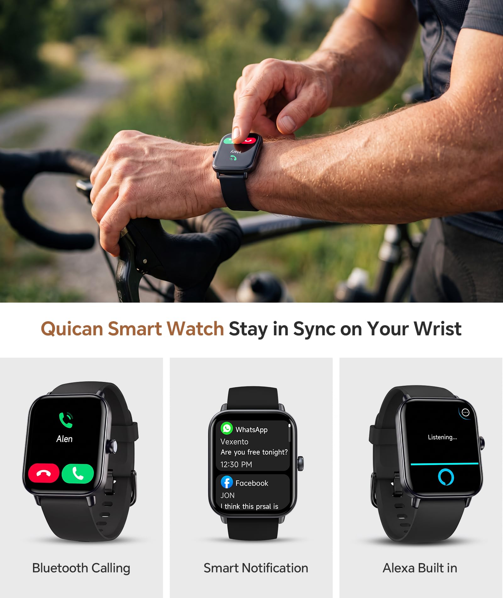 Quican Smart Watches for Women/Men, 2 Bands, Compatible for Android iP - View 2