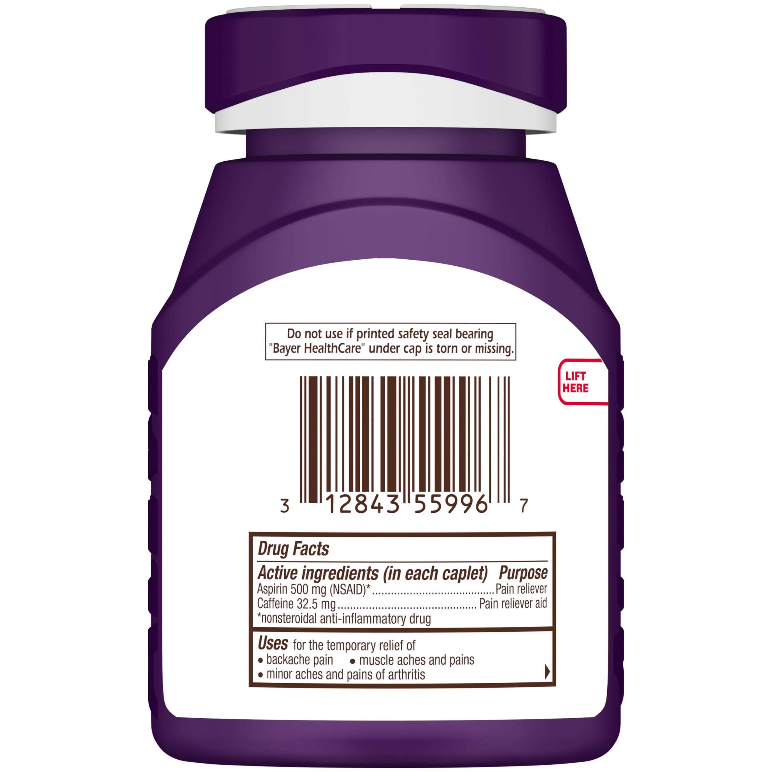 Bayer Back & Body 500mg Aspirin Plus Caffeine for Powerful Pain Relief, 200 Coated Caplets