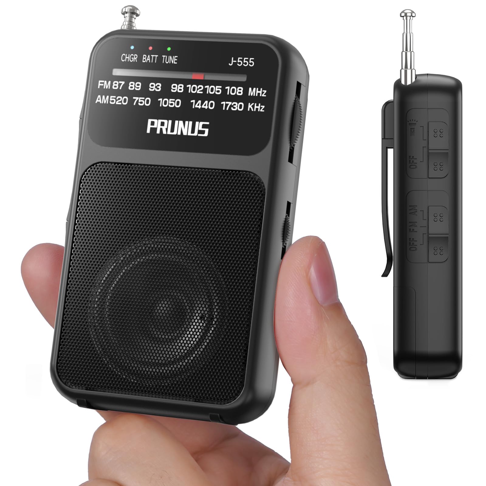 PRUNUS J-555 Pocket AM/FM Radio, USB-C & Battery, Clip