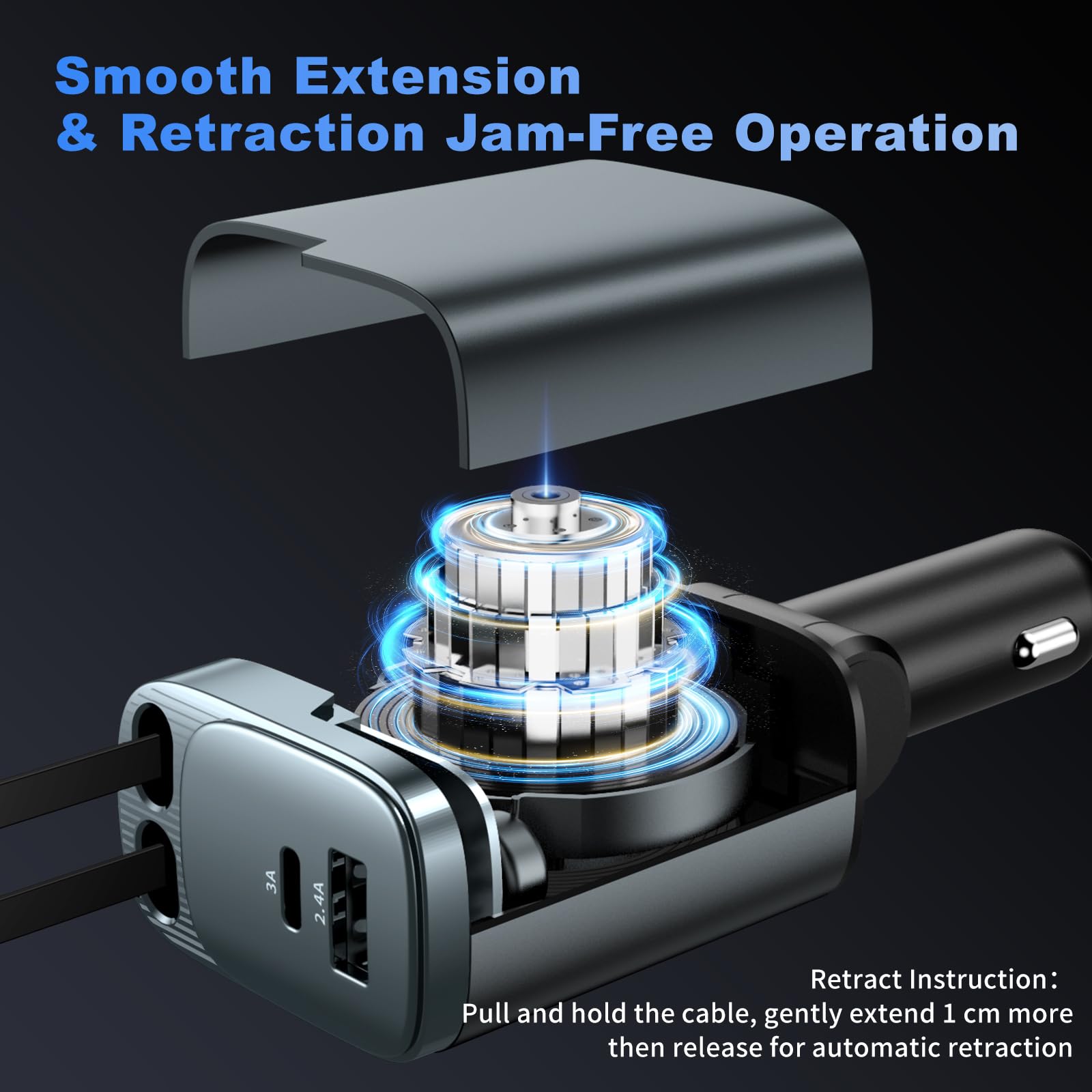 Estbuc 84W Retractable Car Charger, 4-in-1 Car Charger Adapter US by Estbuc - Angle View 9