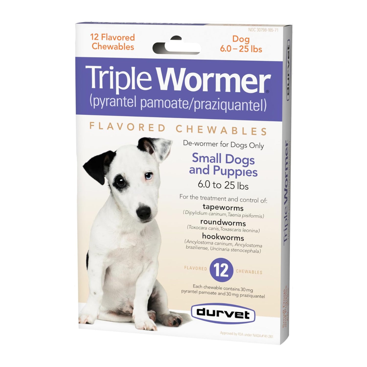 Durvet 12-pack of triple wormer tablets for puppies and small dogs, showing blister packs and tablets for deworming treatment.