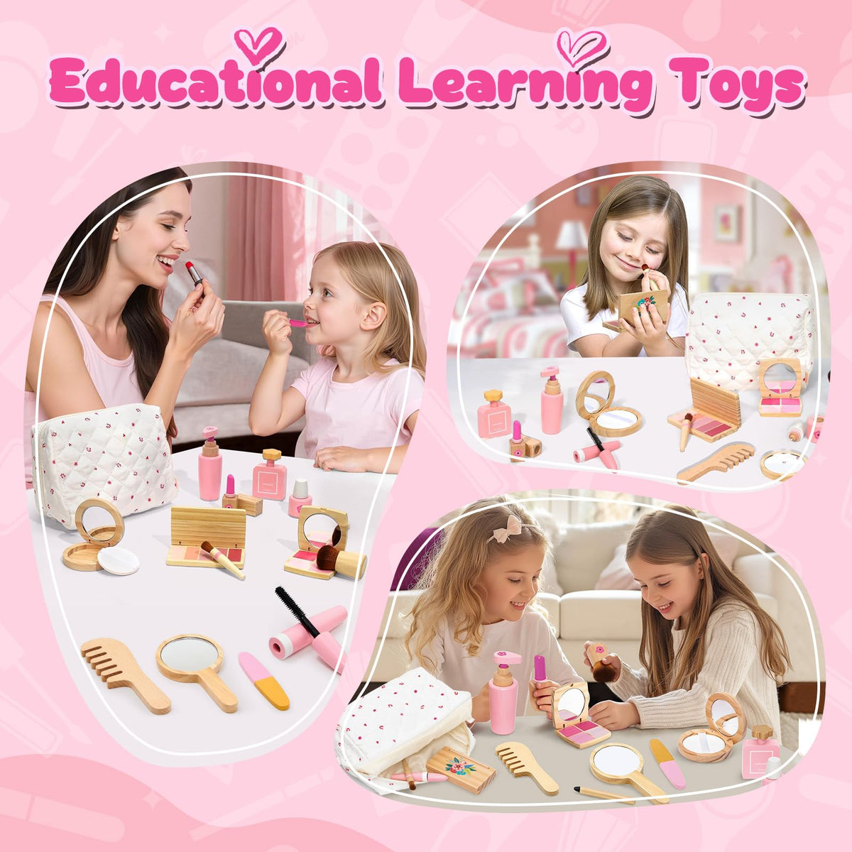 Wooden Makeup Toy Set for Toddler Play Makeup Kit for Girls - KIDBEST Official Imagery - 7