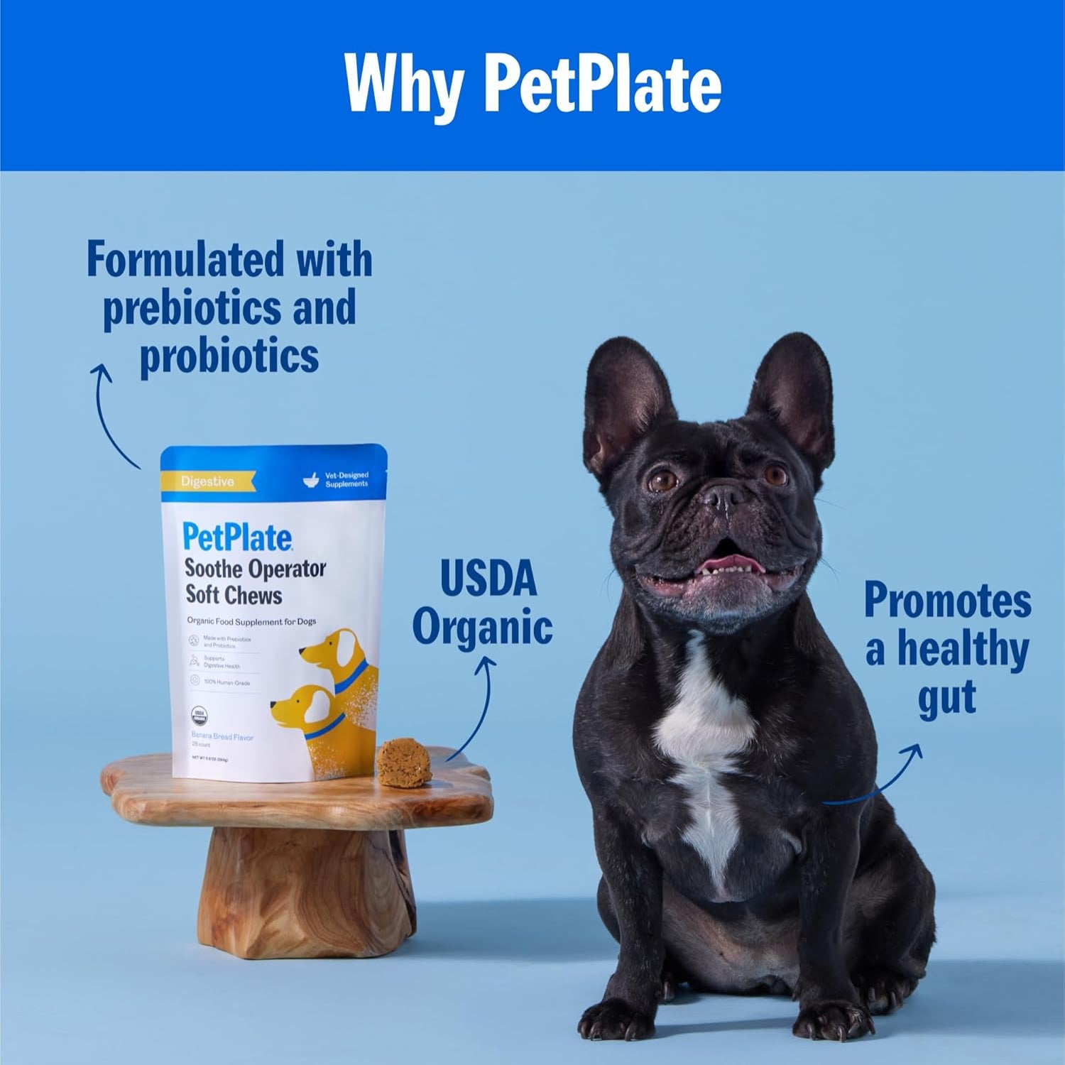 Elefair PetPlate Soothe Operater Digestive Soft Chews for Dogs with prebiotics and probiotics, shown in a close-up image.
