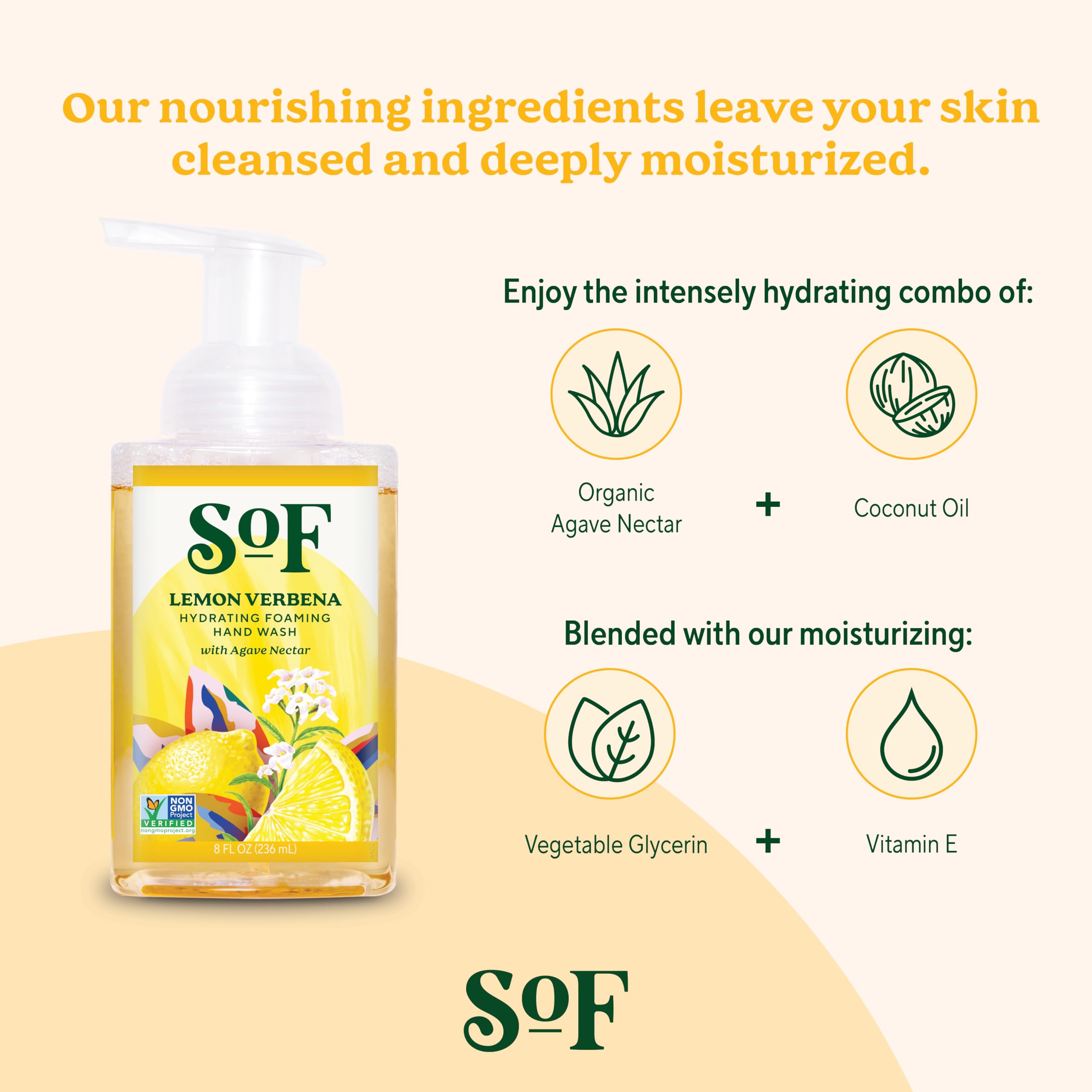 SoF Lemon Verbena Foaming Hand Wash, 3 Pack, Agave & Coconut Oil