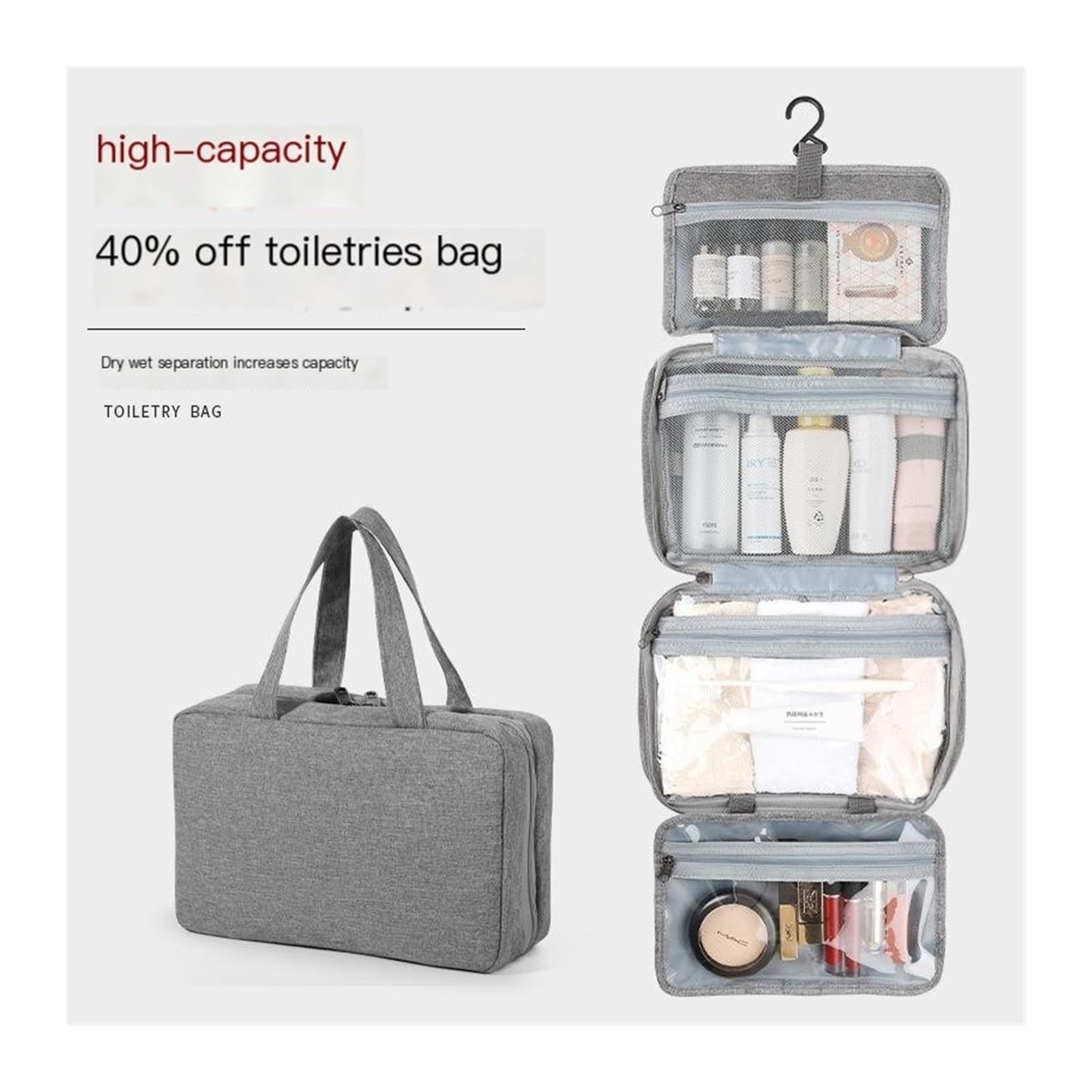 kinganrun Cosmetic Bag, Travel toiletries Bag, Foldable, Dry and Wet Separation, Three Folds, Suitable for Travel Home(Pink)