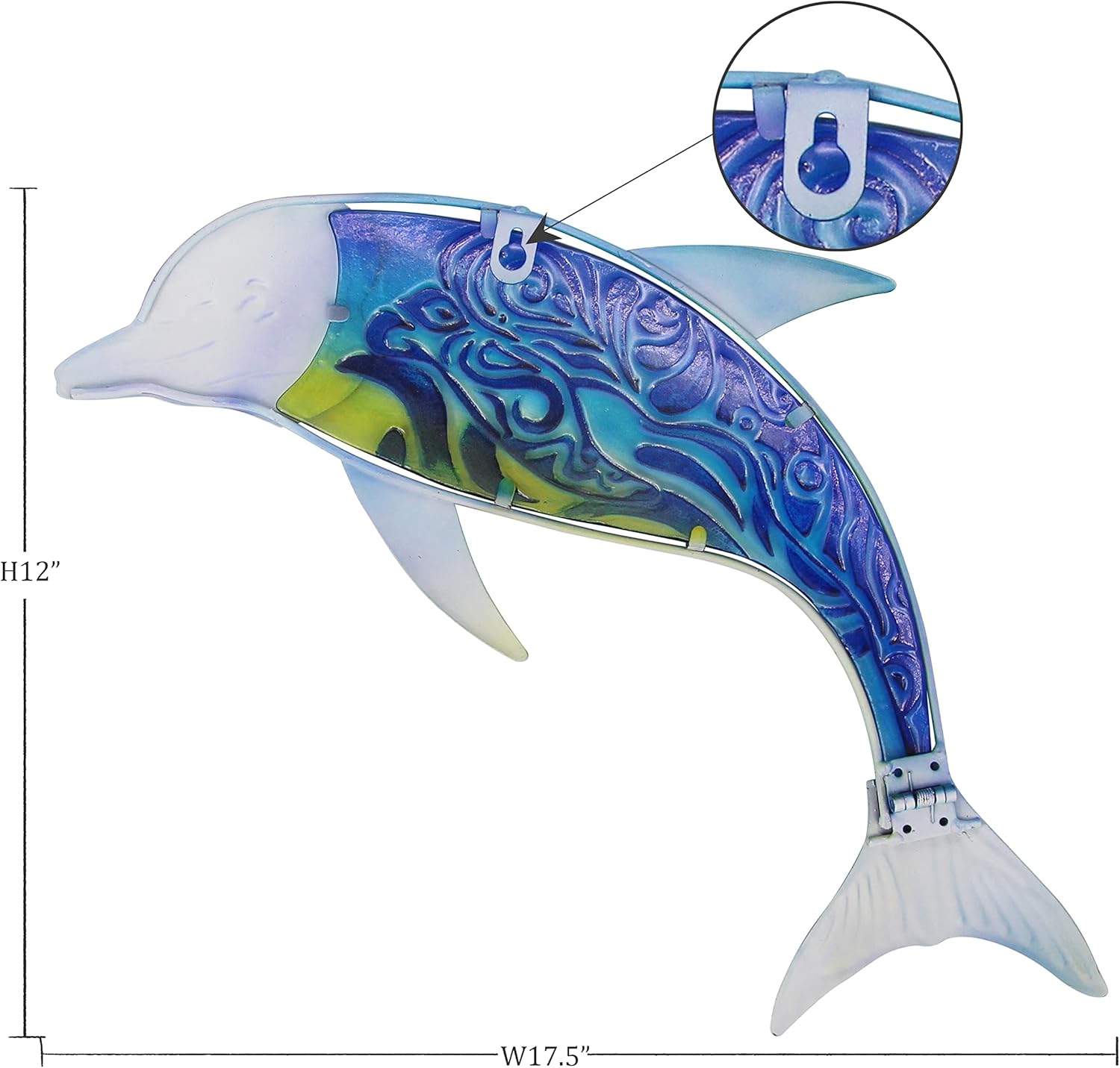 John's Studio metal dolphin wall decor with hanging glass fish for outdoor sea-themed garden or patio decoration.