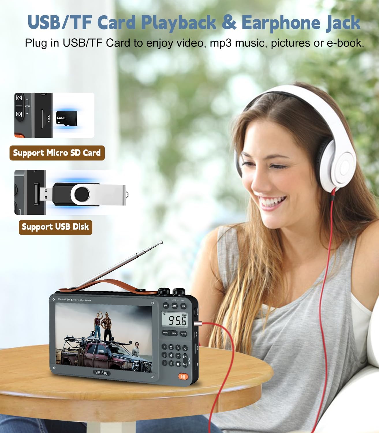 ONGTEED 720P 7-inch screen AM FM radio with Bluetooth speaker and rechargeable battery, displays radio, video, and media functions.