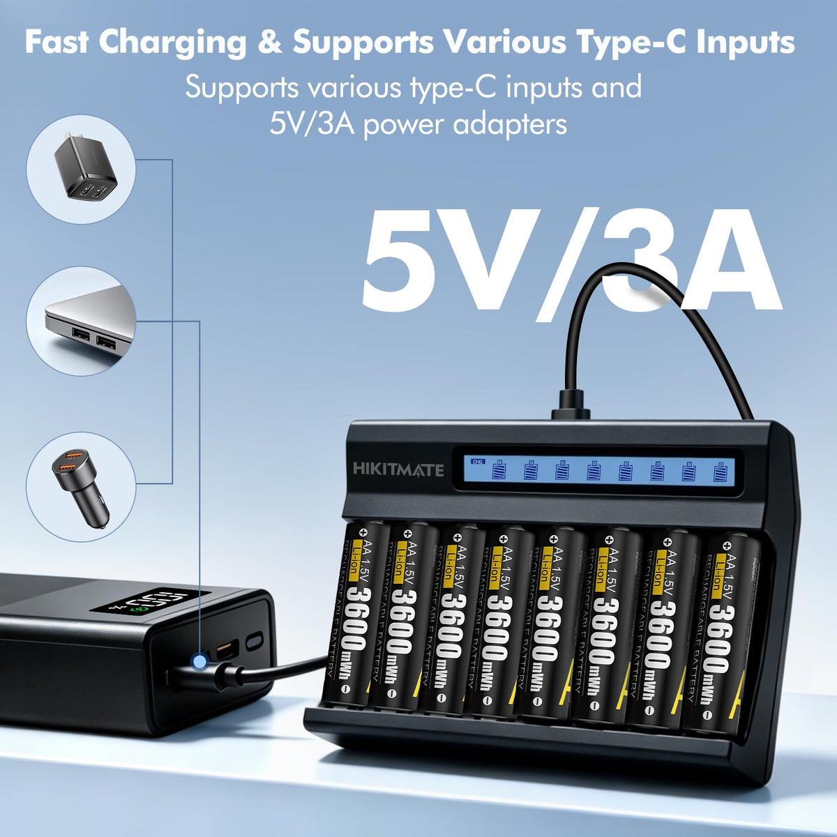 1 5V AA AAA Battery Charger with 8 Pack AA Rechargeable - HIKITMATE Official Imagery - 8