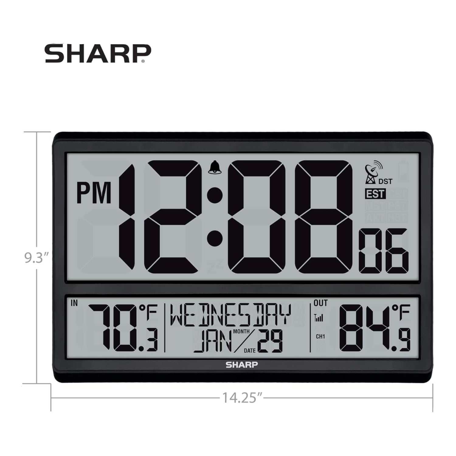 Sharp atomic clock with easy-to-read numbers, designed for indoor and outdoor use, never needs setting, high-precision timekeeping