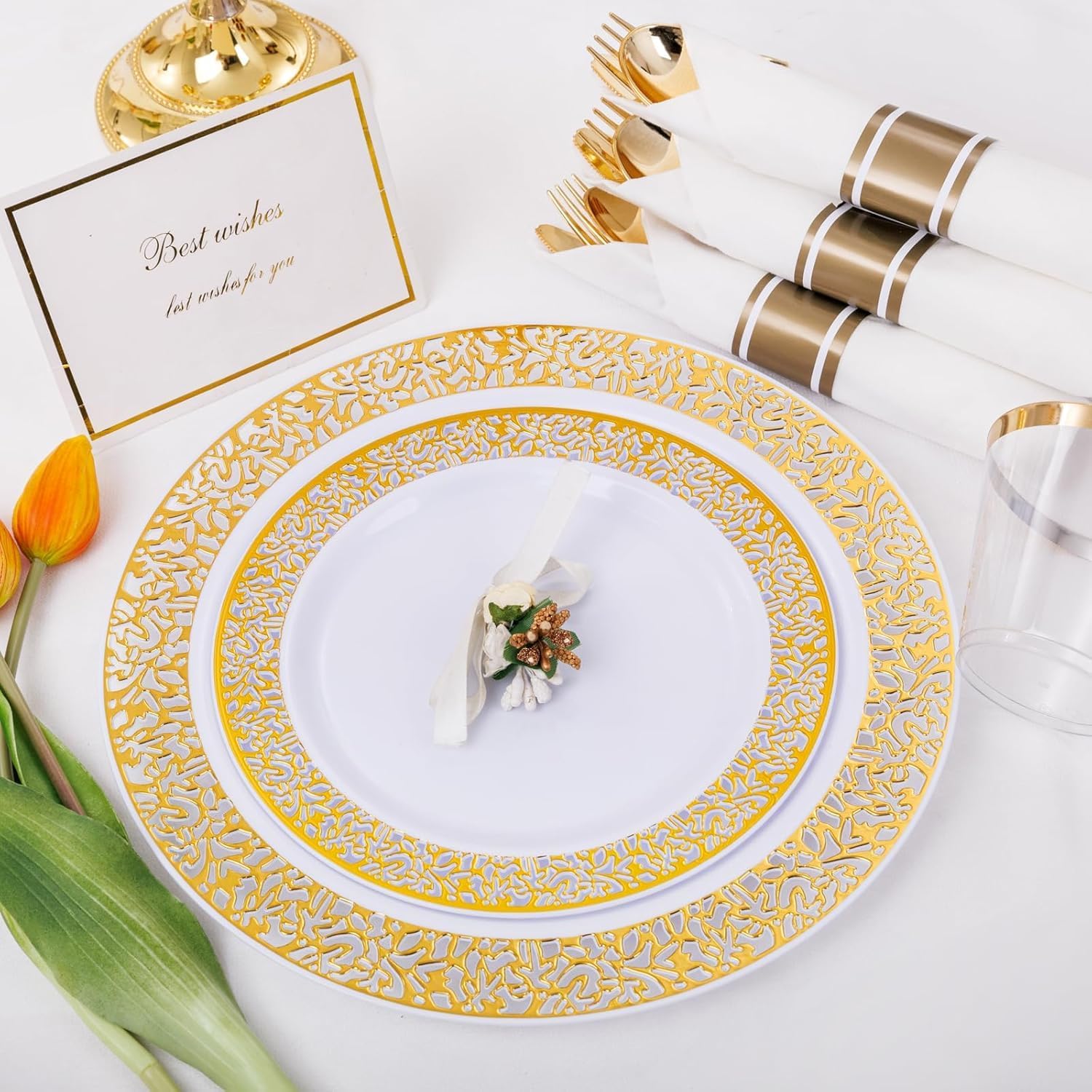 WELLIFE 175-piece gold dinnerware set with 25 dinner plates and 25 dessert plates, elegant gold finish, ceramic material
