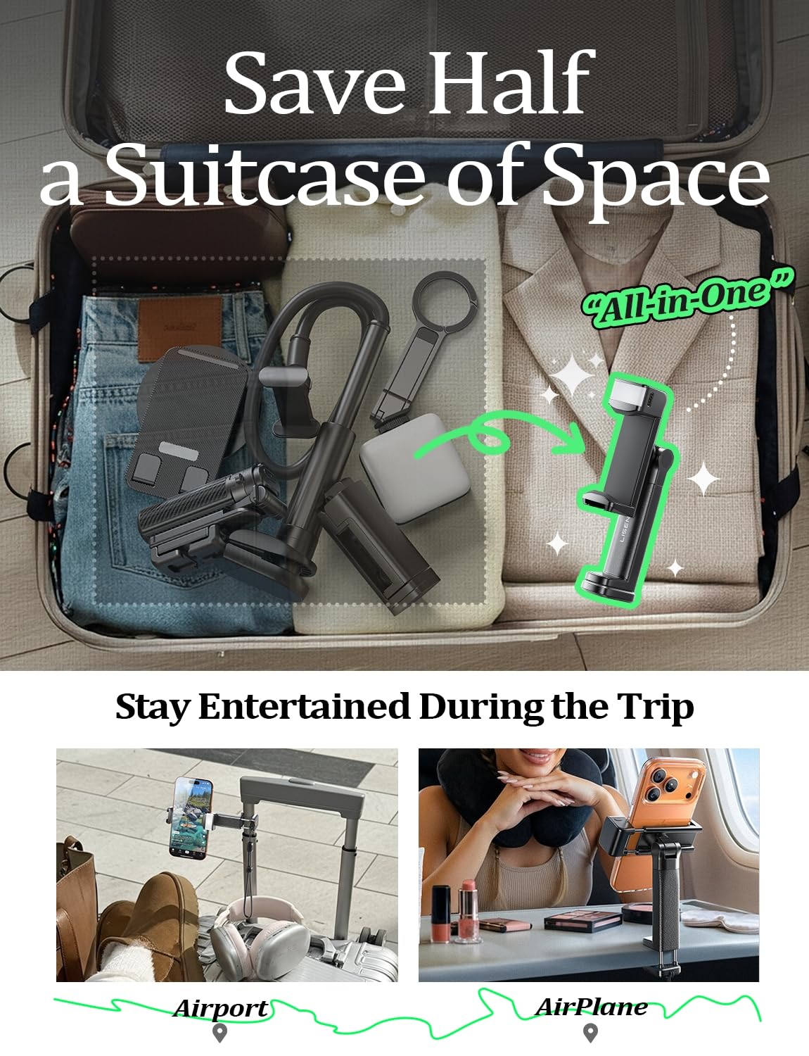 LISEN airplane travel LED phone stand holder on desk, compact gadget for long flights, cruise ship, and travel lighting accessories.