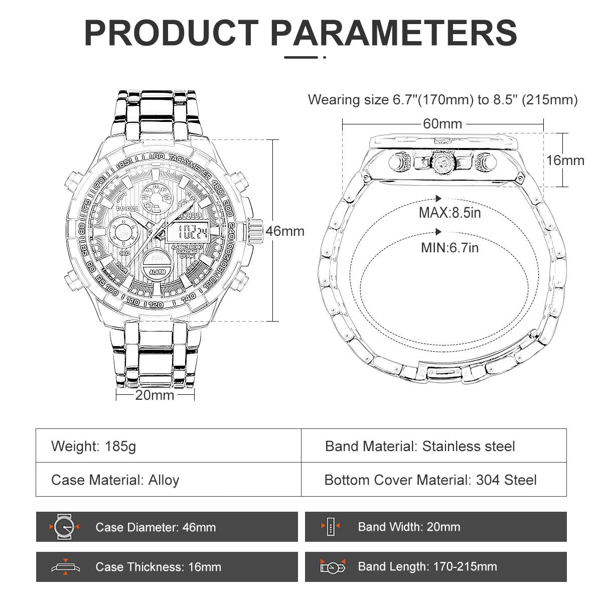 GOLDEN HOUR Men's Sport Analog Digital Watch Silver