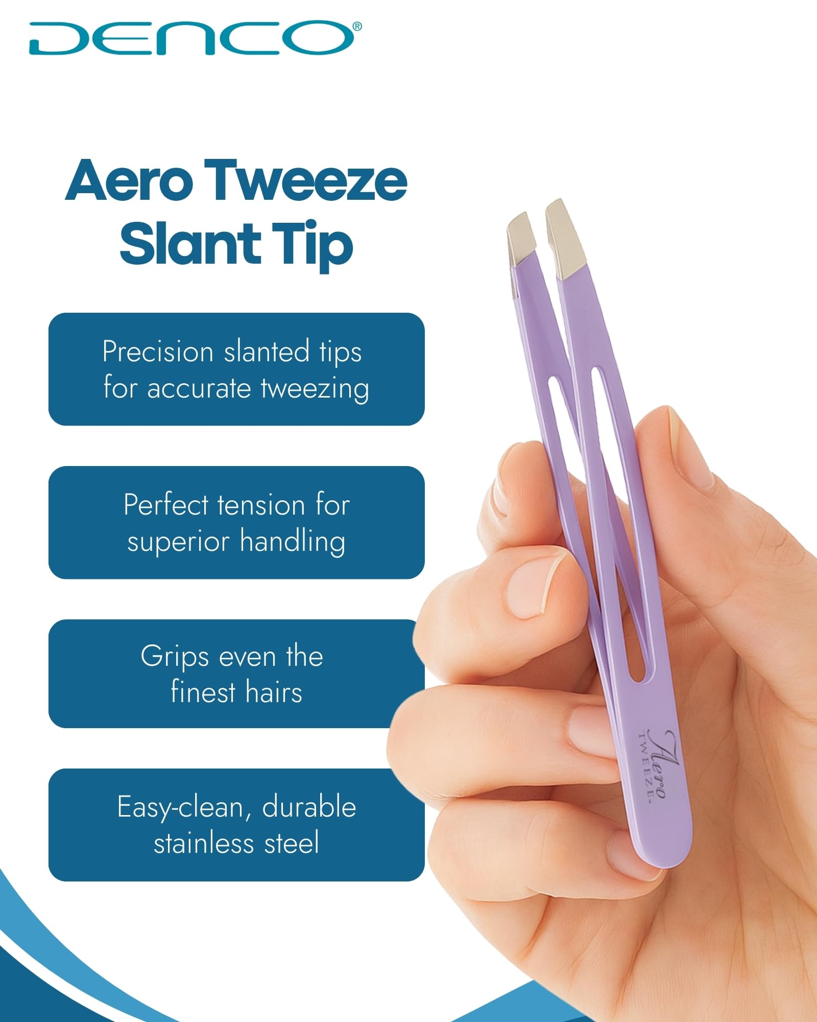 Denco Aero Tweeze Slant Tip Tweezers – Precision Eyebrow Tweezers for Shaping and Fine Hair Removal, Stainless Steel with Cut-Out Body Design, Lightweight Grip with Protective Pouch