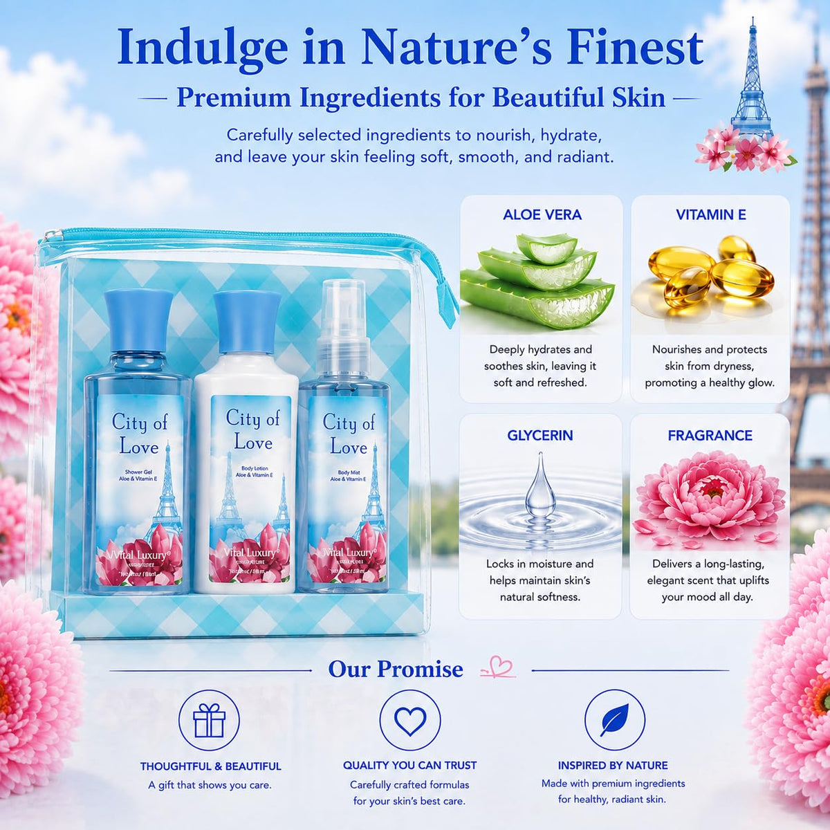 Bath Body Care Travel Set City of Love Scent 3 Piece Set - Vital Luxury Official Imagery - 8
