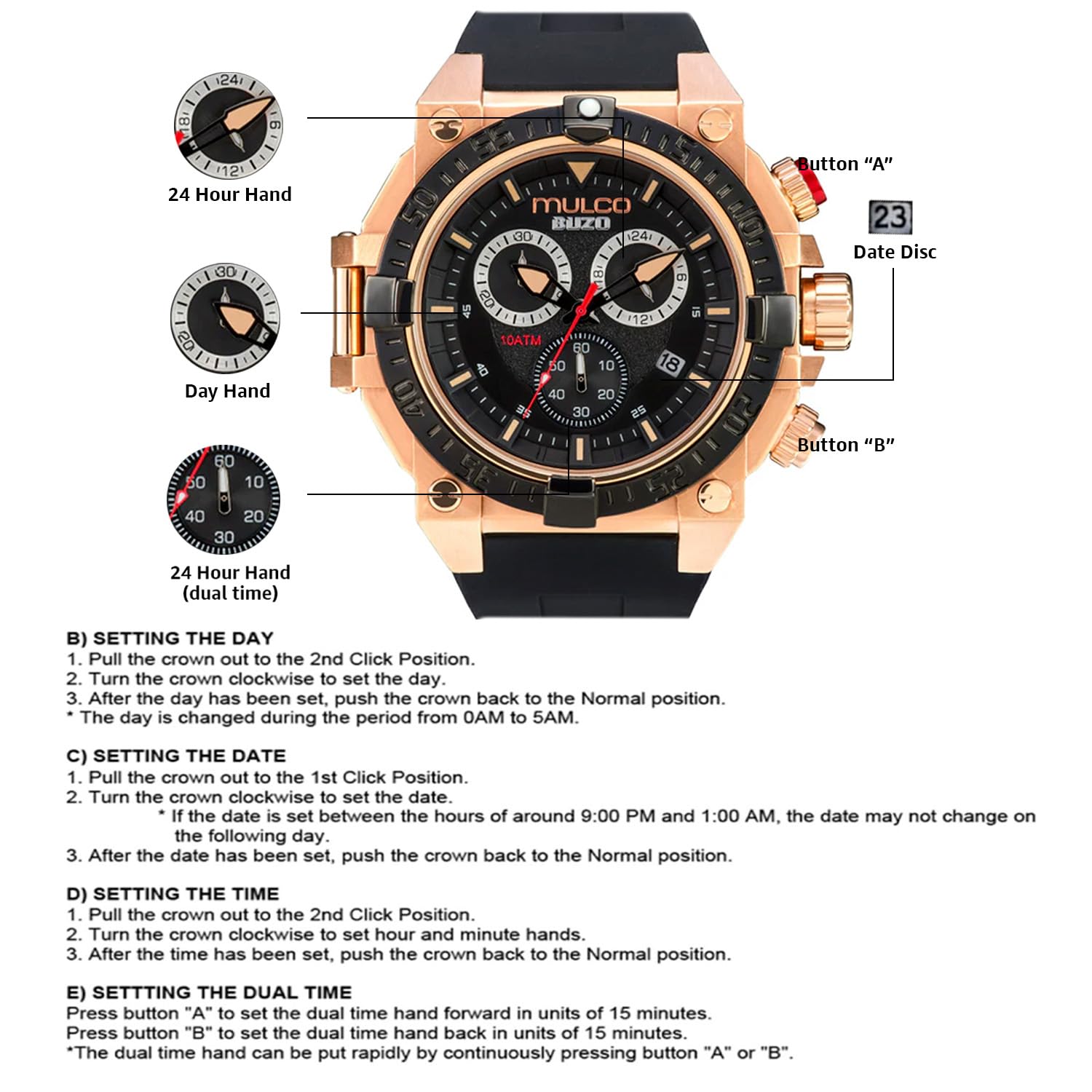 MULCO Viper Men's Sport Watch Black Rose Gold 46mm 10ATM