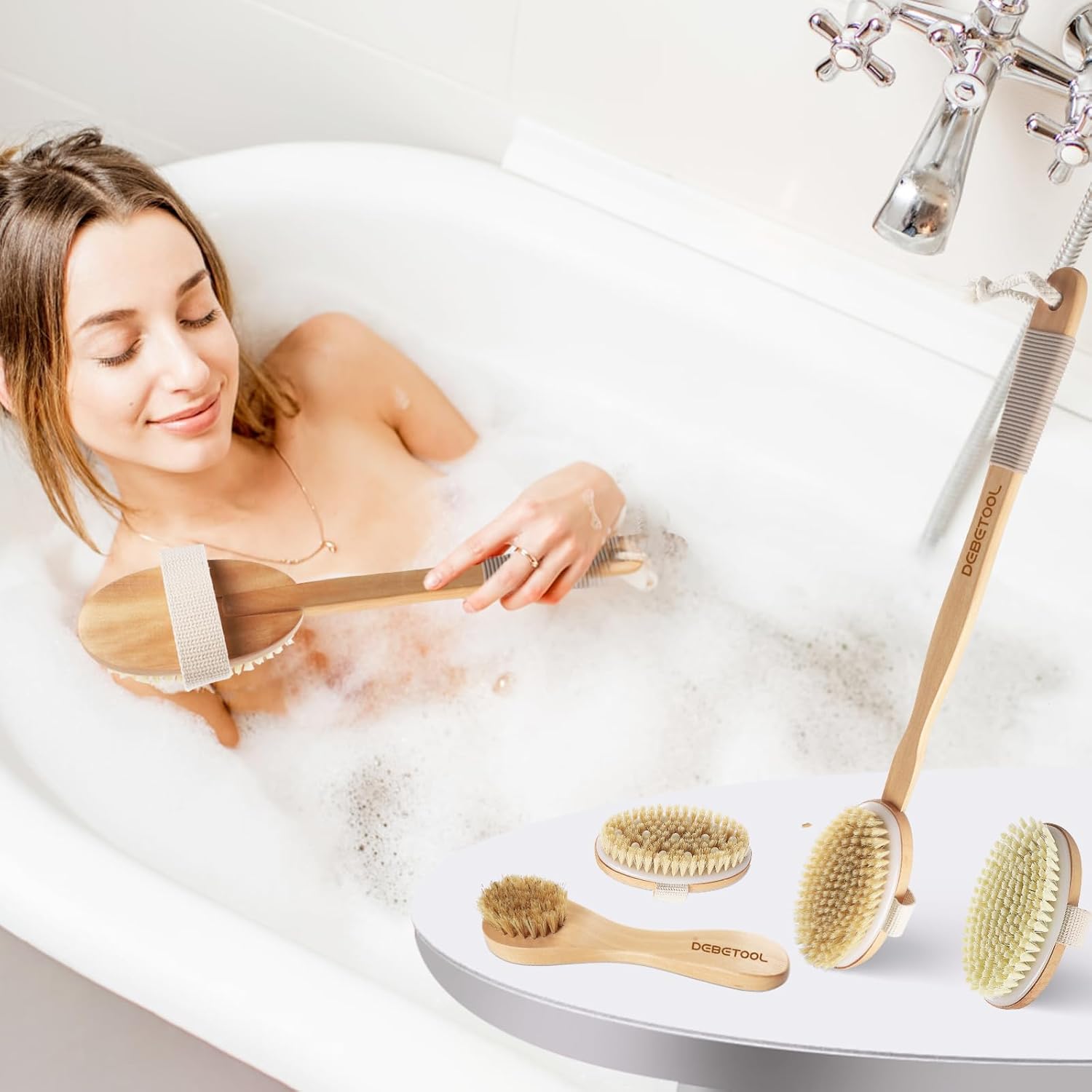 DEBETOOL dry brushing set with natural boar bristle body and face brush, wooden long handle scrub tool for skincare.