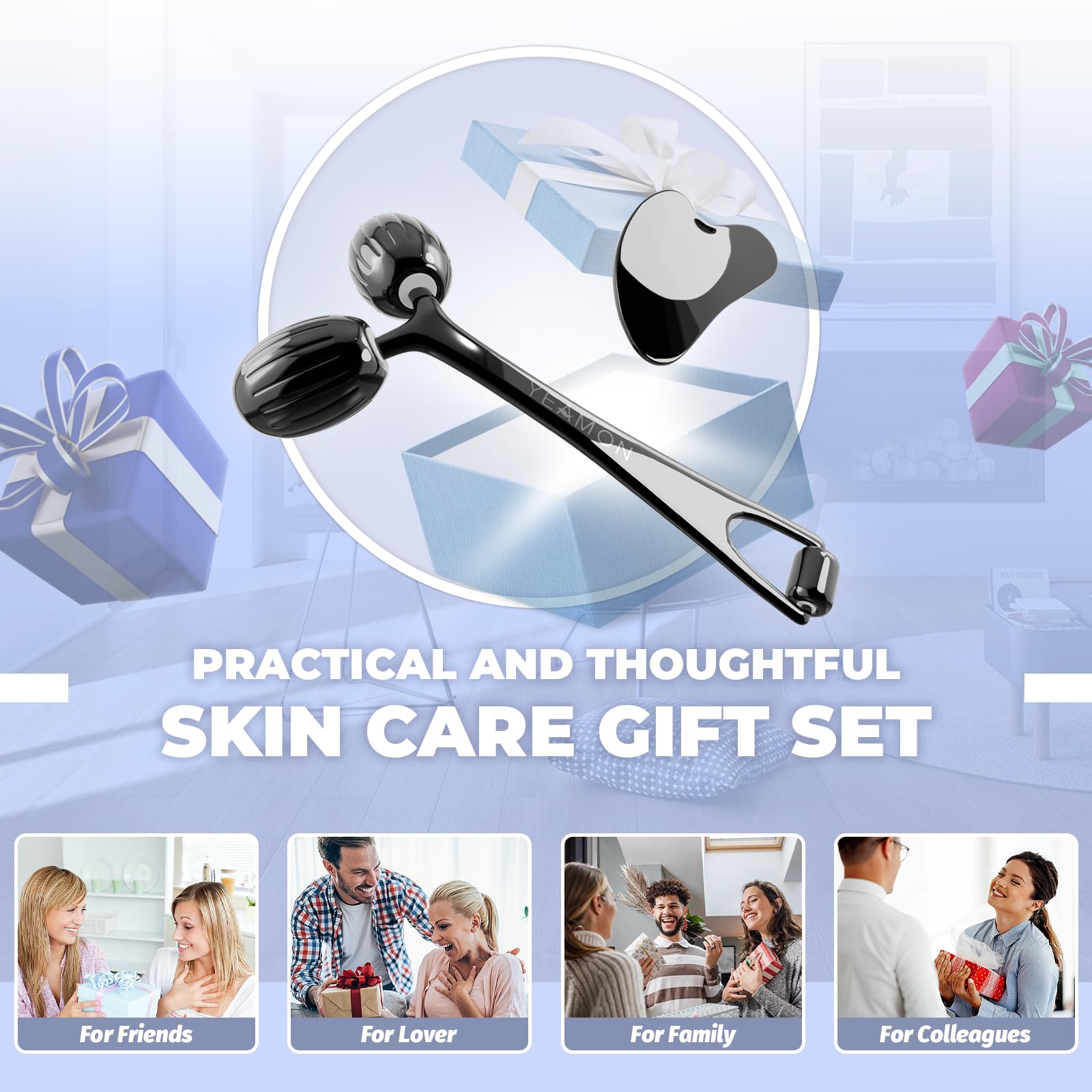 Yeamon stainless steel Gua Sha and face roller set for facial massage and skin toning, shown in a close-up image.