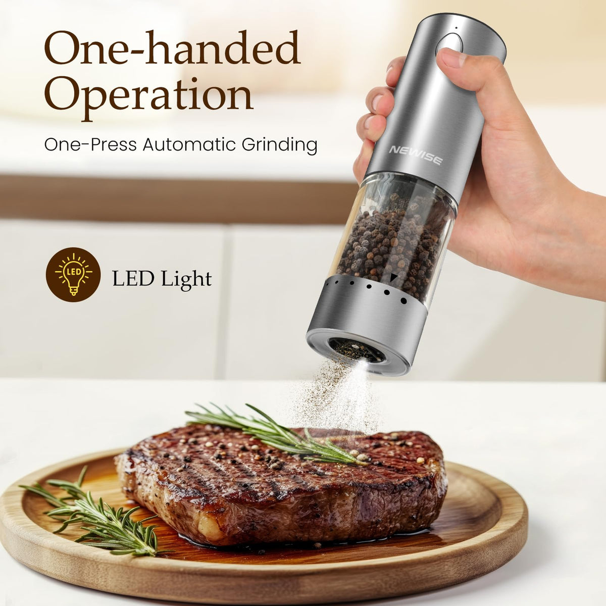 Electric Salt and Pepper Grinder Set Rechargeable Stainless - Newise Official Imagery - 4