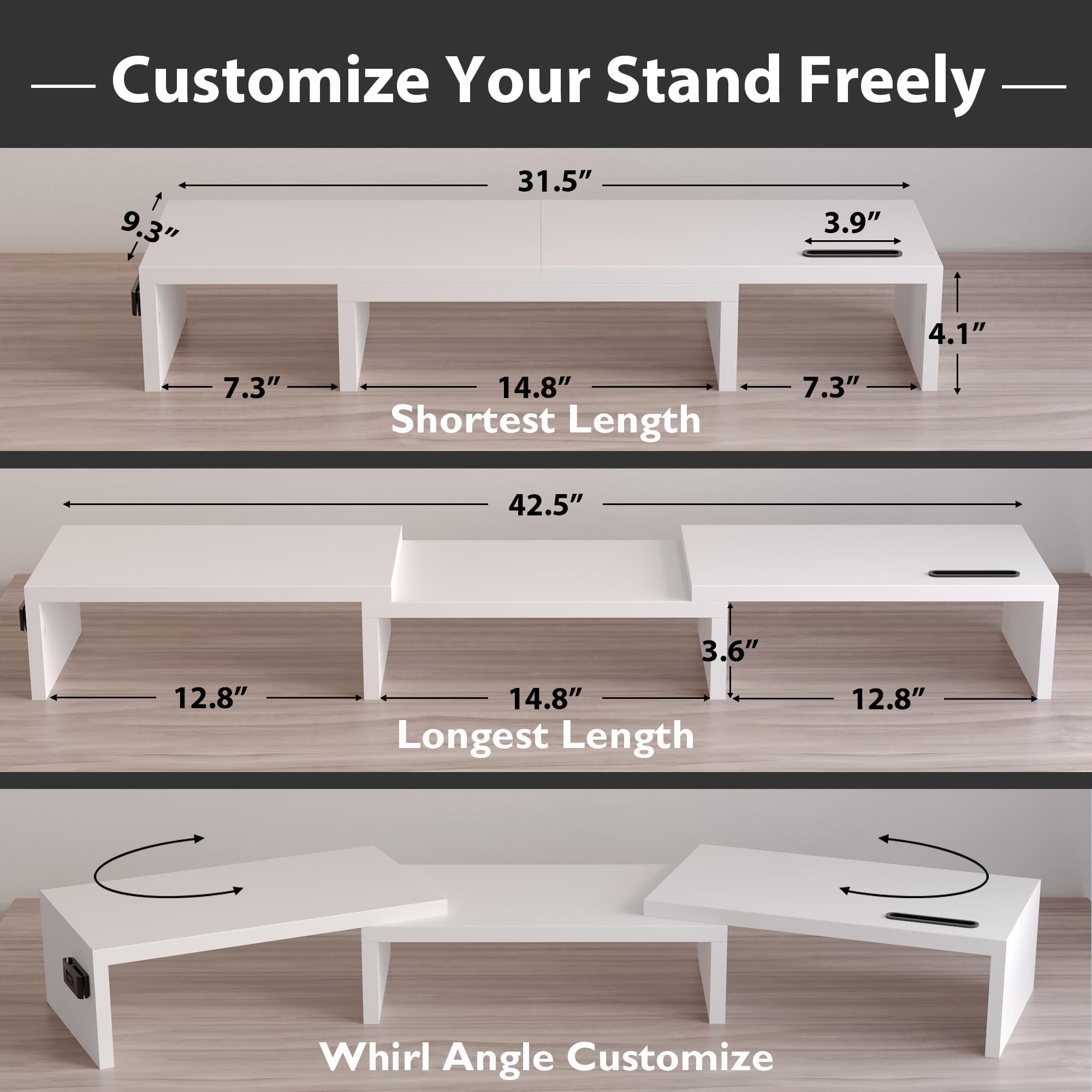 BONTEC dual monitor stand riser in white with adjustable length and swivel angle, supporting two computer monitors.