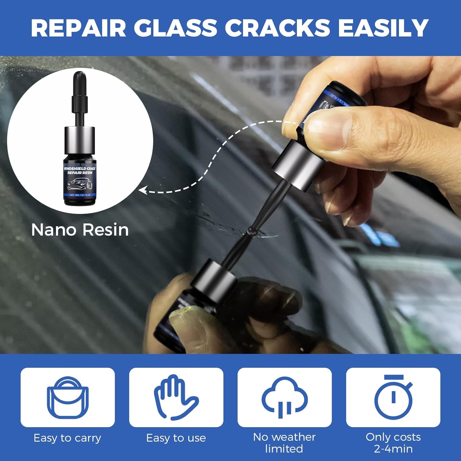 NASILOOP windshield repair kit with glass repair fluid for quick and efficient fixing of car windshield cracks