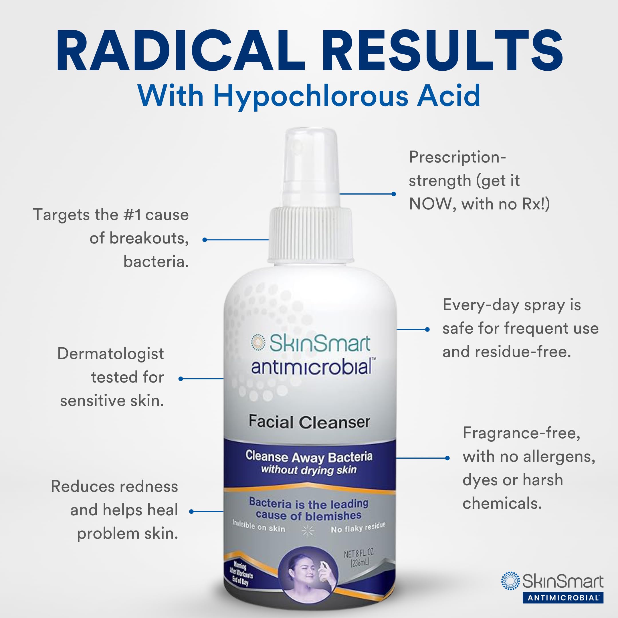 SkinSmart Antimicrobial Facial Cleanser bottle for breakouts, 8 oz, with clear label and cap, displaying its skin-clearing skincare formula.